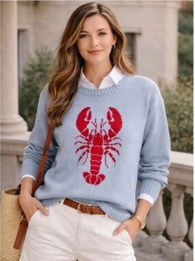 Mighty Fine Pale Blue Coastal Nautical Red Lobster Crewneck Sweater
